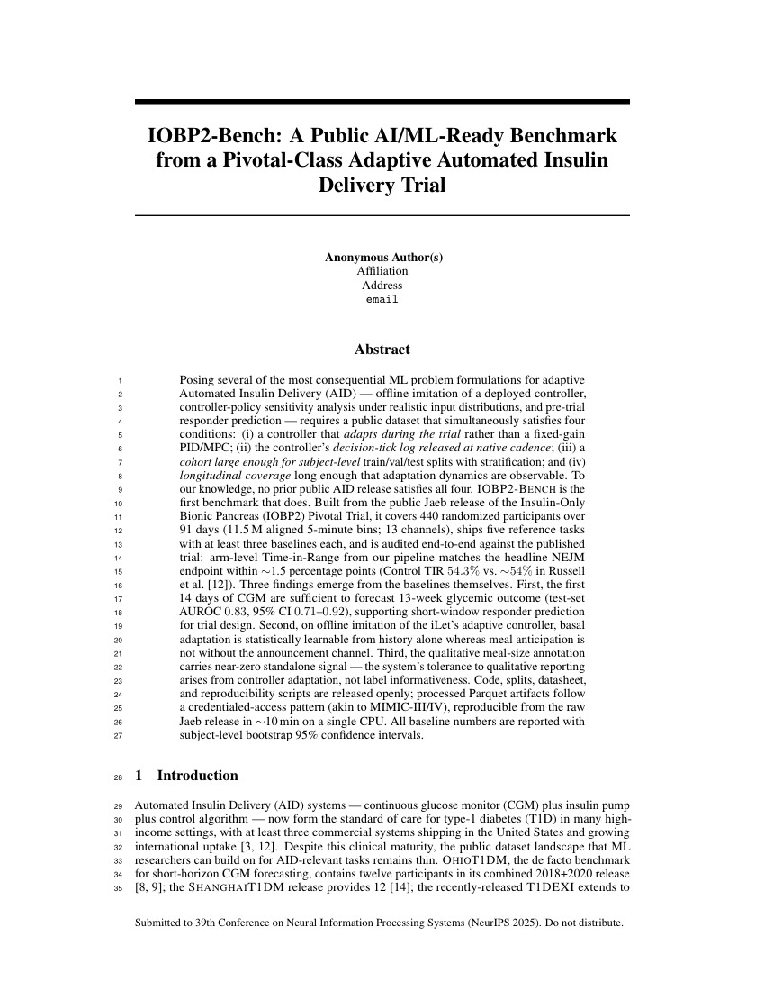 First page of the generated IOBP2 secondary-analysis paper, NeurIPS template