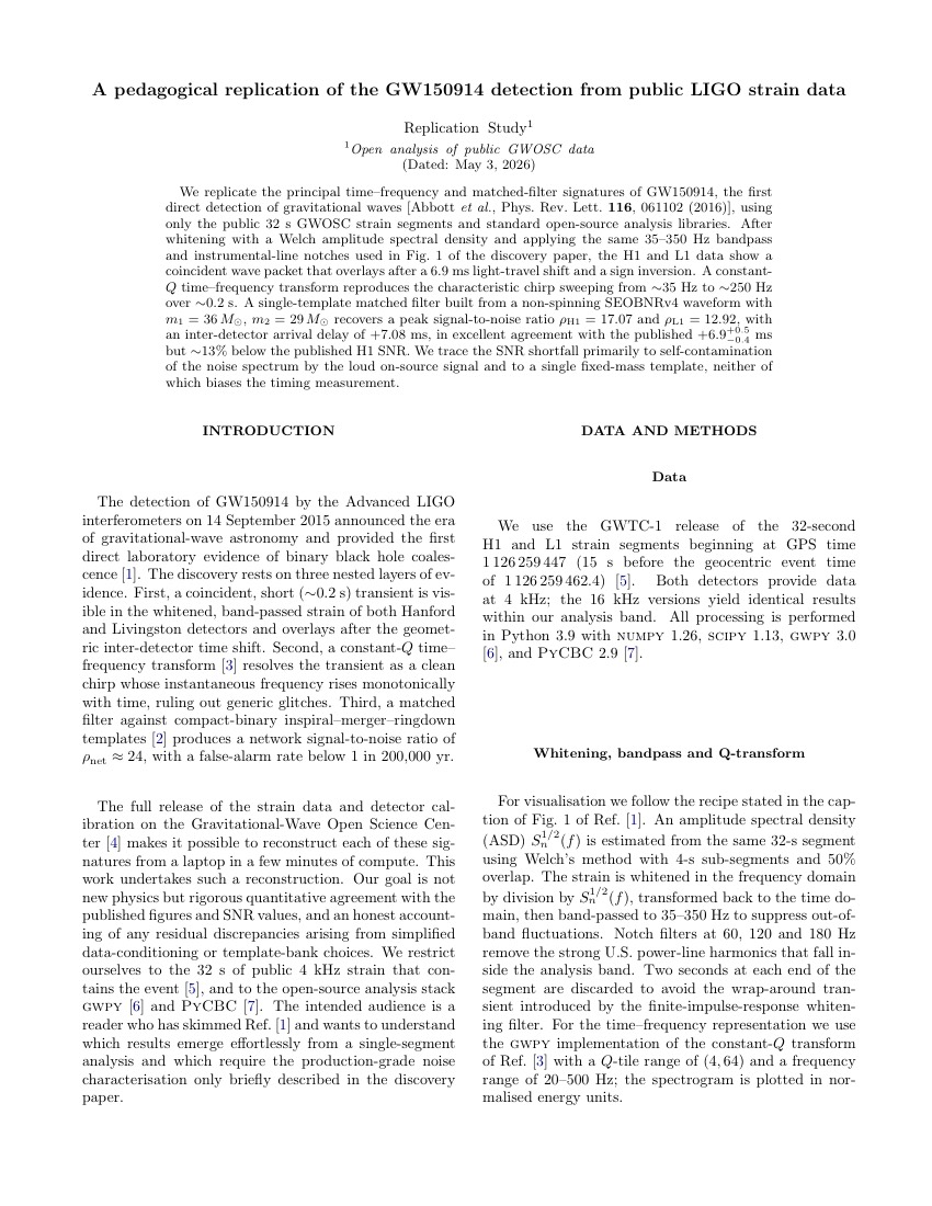 First page of the generated GW150914 reproduction paper, NeurIPS template
